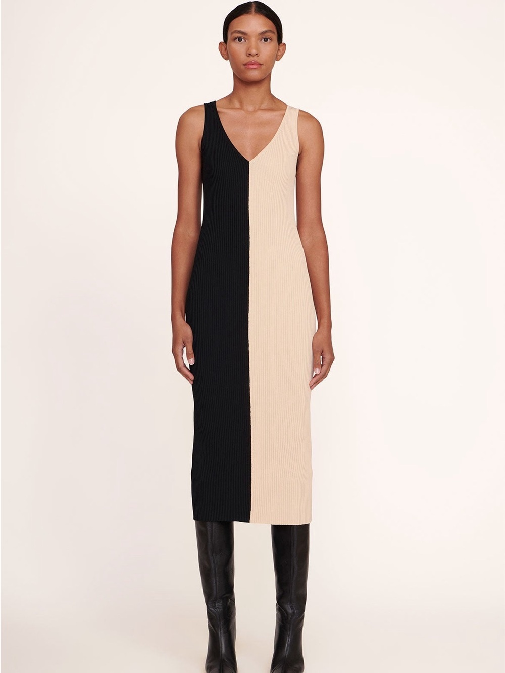 Staud Two-Tone Rib Knit Midi Dress in Black and Cream